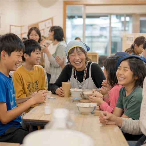 食後に子どもたちと地域の人が笑顔で語らう風景