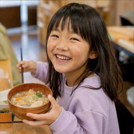 温かい食事を手に笑顔を見せる子ども